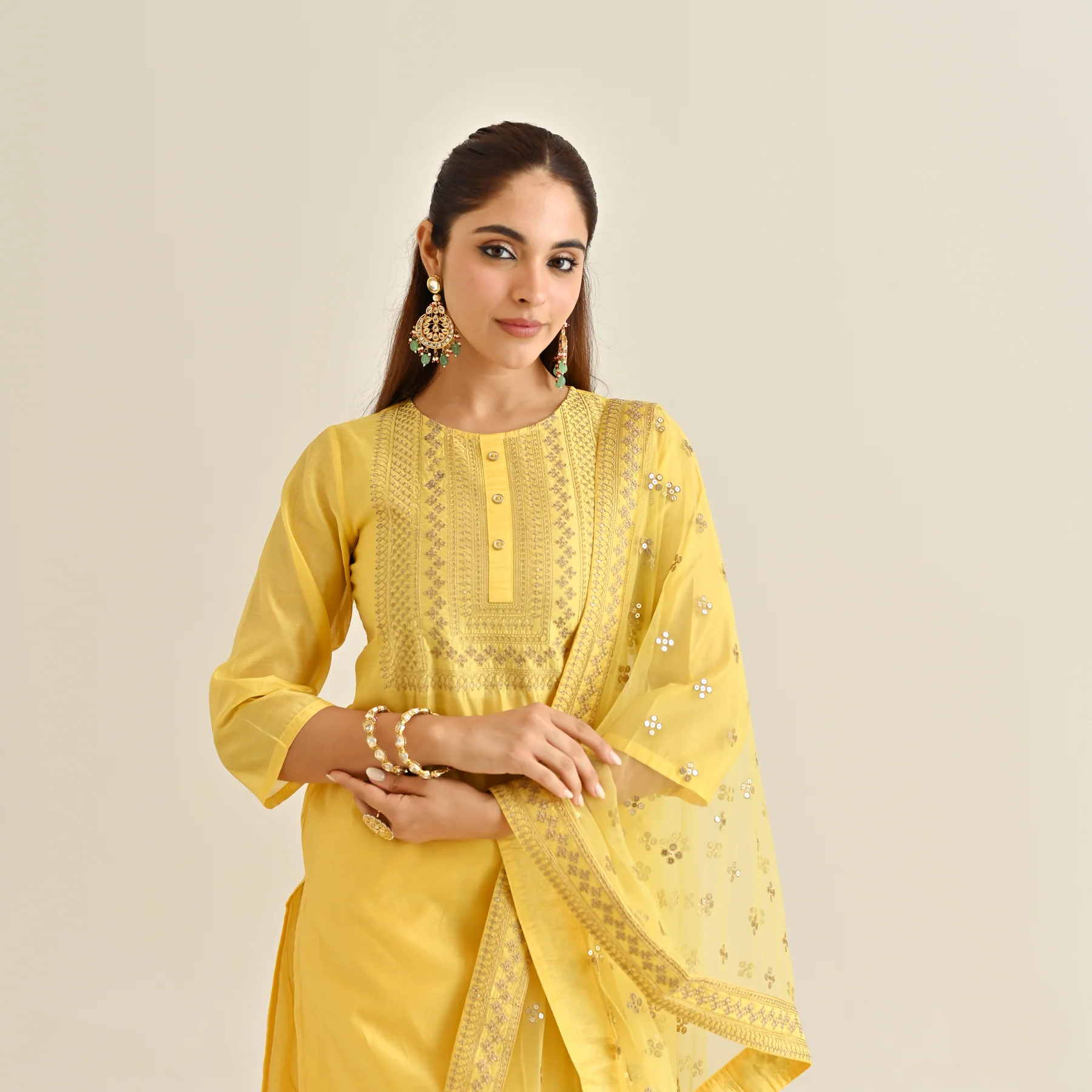 Yellow Festive Embroidered Kurta Set with Embroidered Dupatta - Image 2