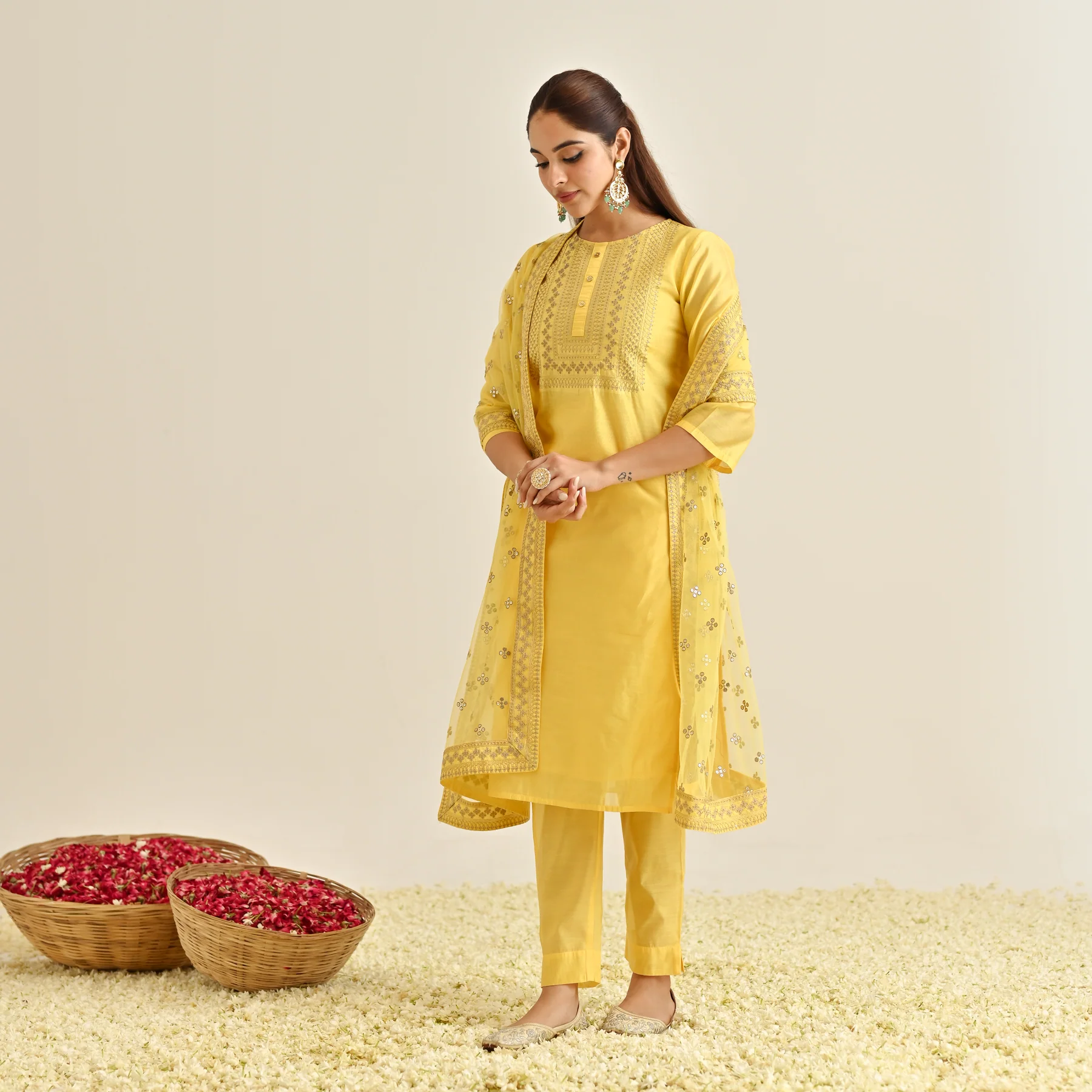 Yellow Festive Embroidered Kurta Set with Embroidered Dupatta - Image 3