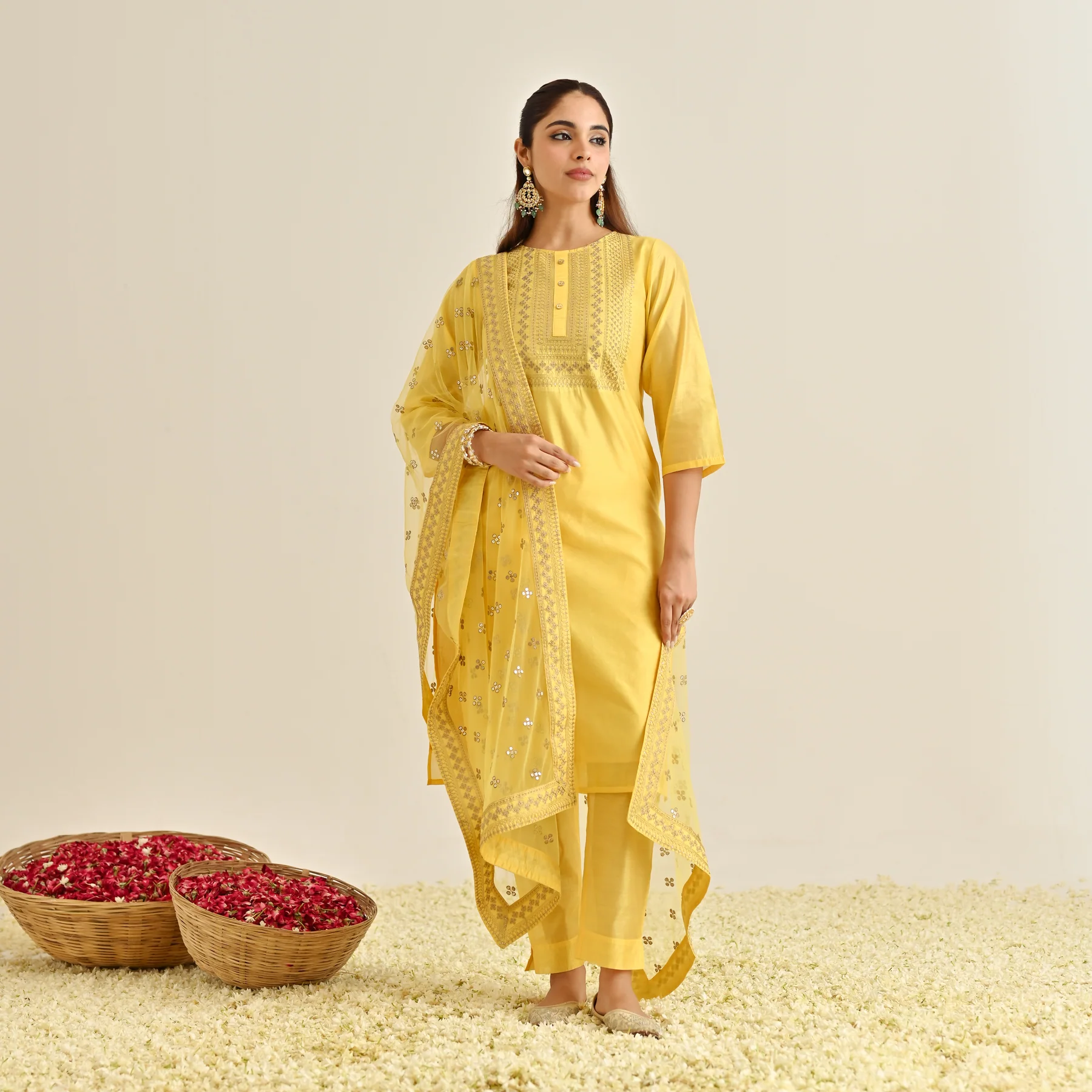 Yellow Festive Embroidered Kurta Set with Embroidered Dupatta - Image 4