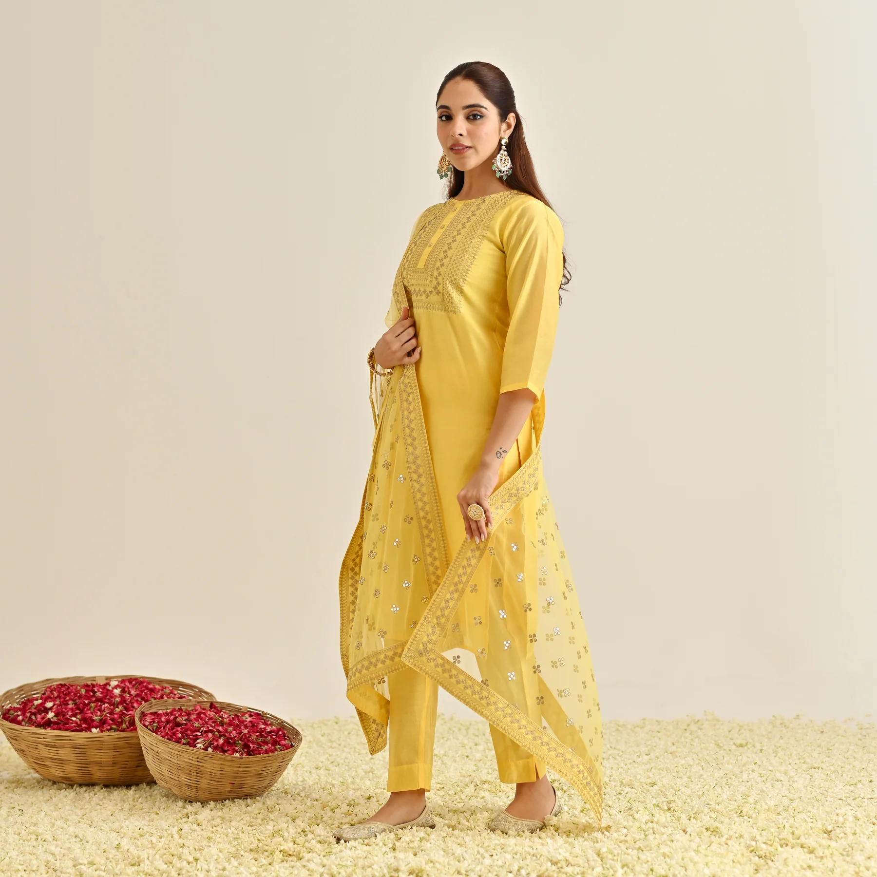 Yellow Festive Embroidered Kurta Set with Embroidered Dupatta - Image 5