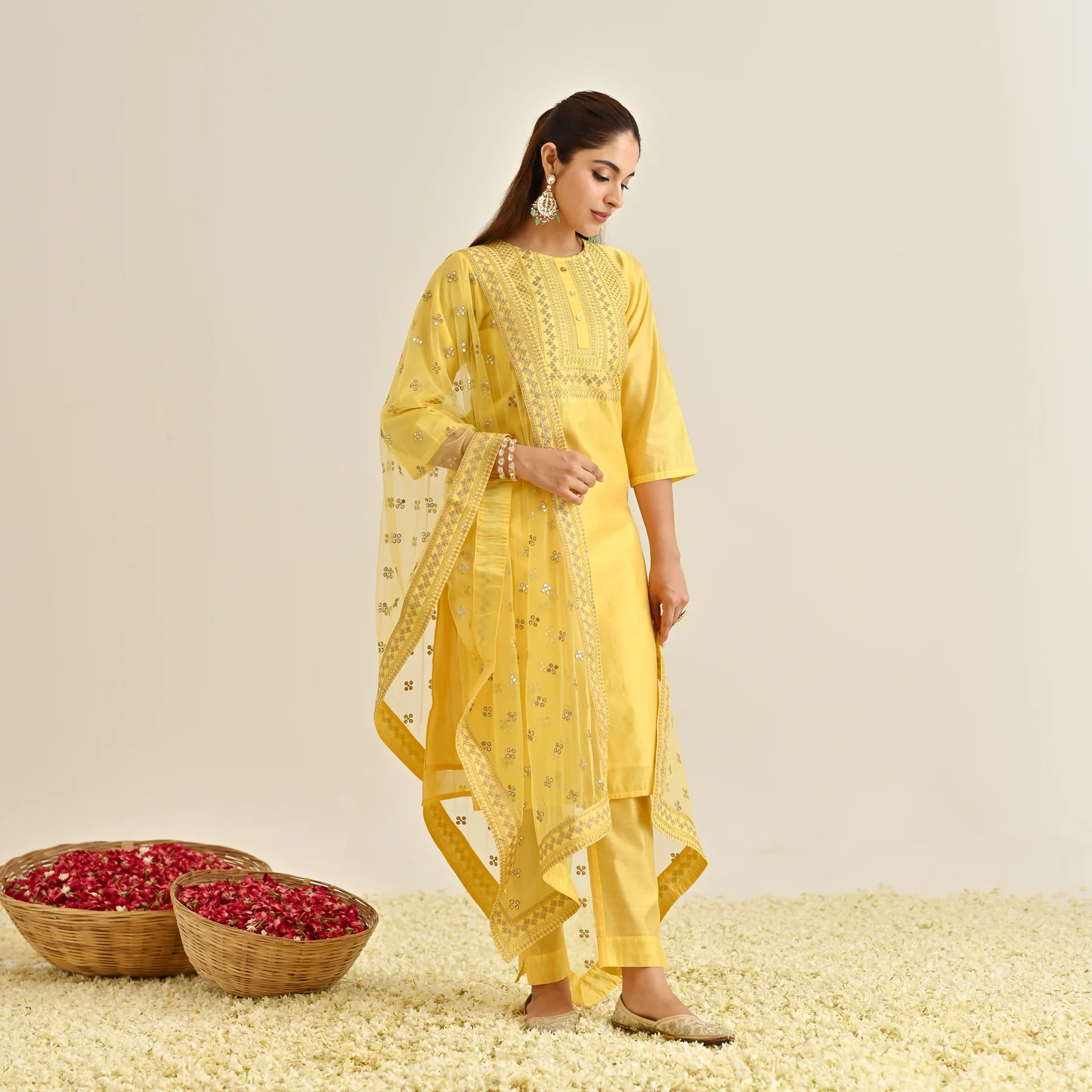 Yellow Festive Embroidered Kurta Set with Embroidered Dupatta - Image 7