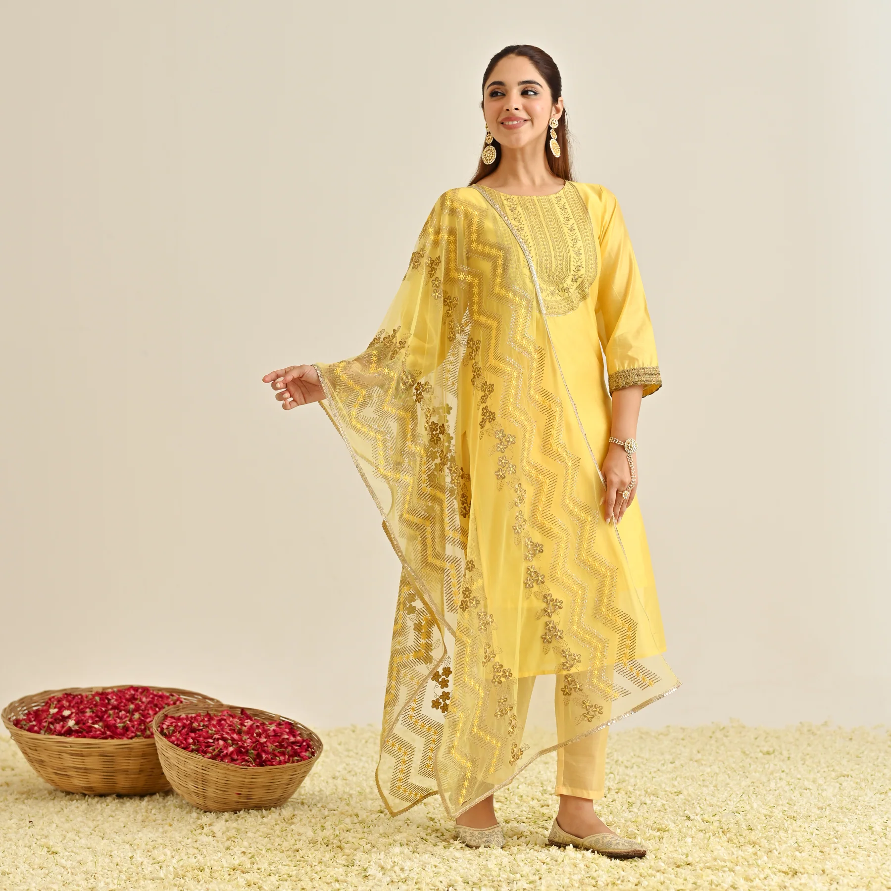 Yellow Festive Embroidered Kurta Set with Embroidered Dupatta & Yoke Detail - Image 3