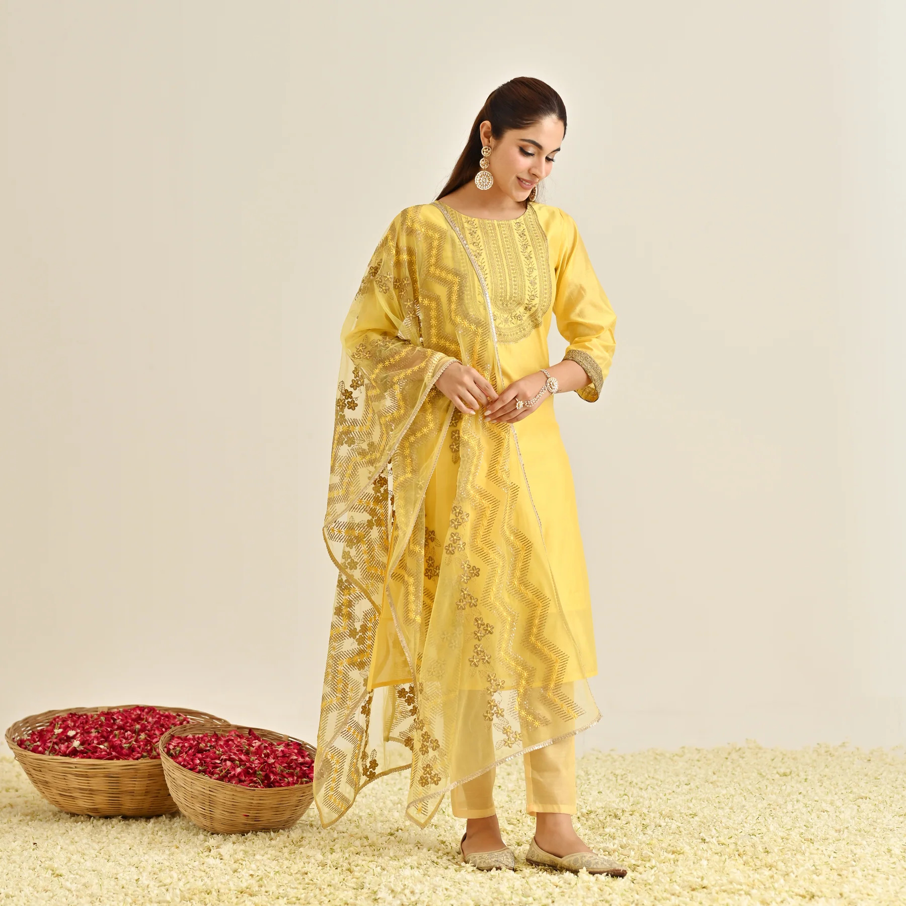 Yellow Festive Embroidered Kurta Set with Embroidered Dupatta & Yoke Detail - Image 4