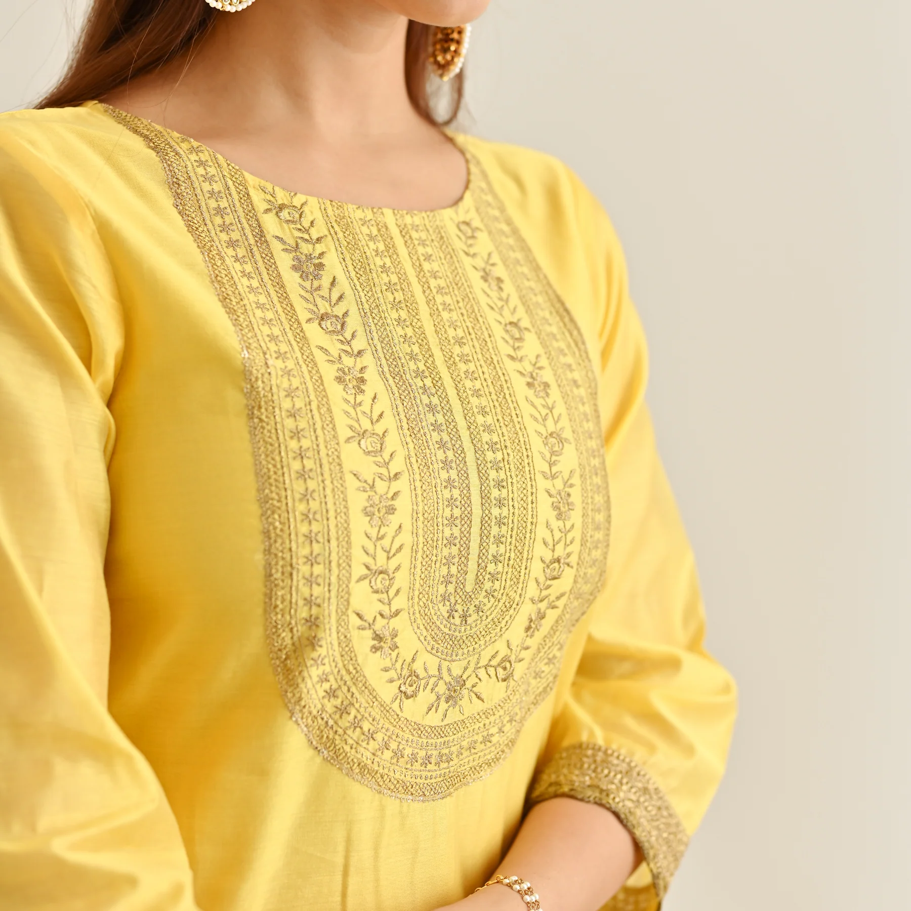 Yellow Festive Embroidered Kurta Set with Embroidered Dupatta & Yoke Detail - Image 5