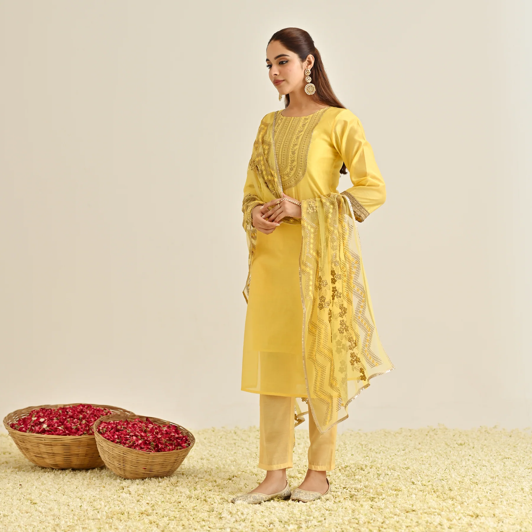 Yellow Festive Embroidered Kurta Set with Embroidered Dupatta & Yoke Detail - Image 6