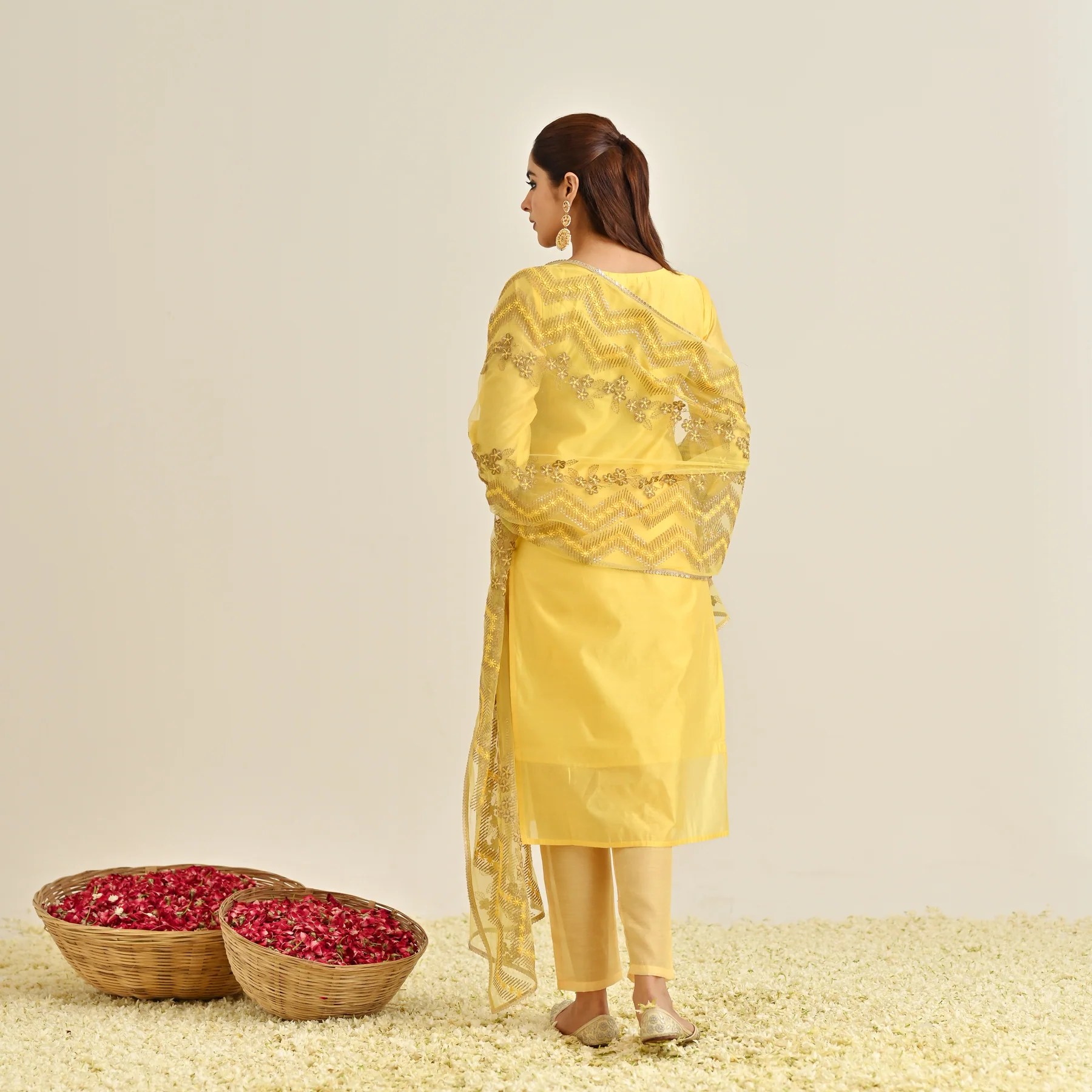 Yellow Festive Embroidered Kurta Set with Embroidered Dupatta & Yoke Detail - Image 7