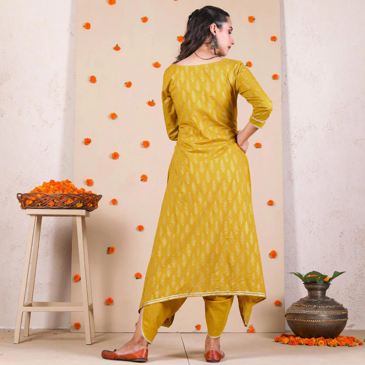 Yellow Gold Printed Dhoti & Asymmetric Kurta Set with Gota Details - Image 3