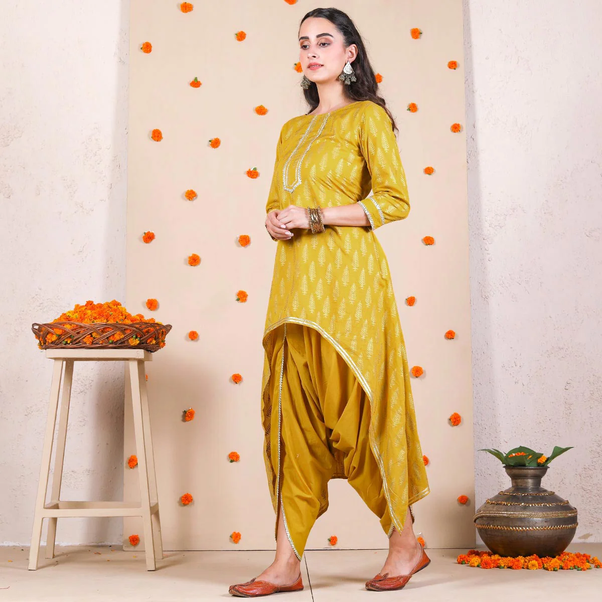 Yellow Gold Printed Dhoti & Asymmetric Kurta Set with Gota Details - Image 4