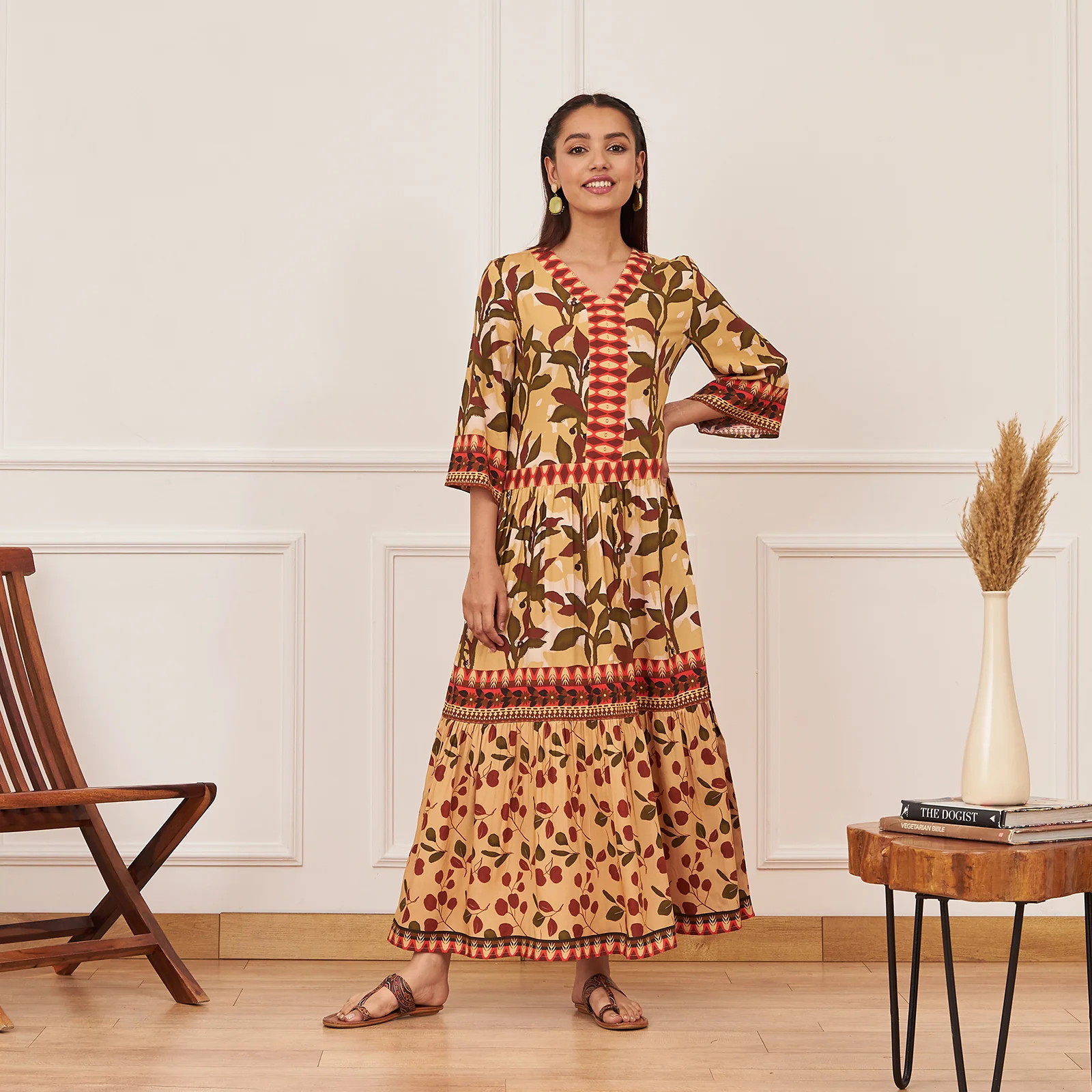 Yellow Leaf Print Tiered Dress - Image 2