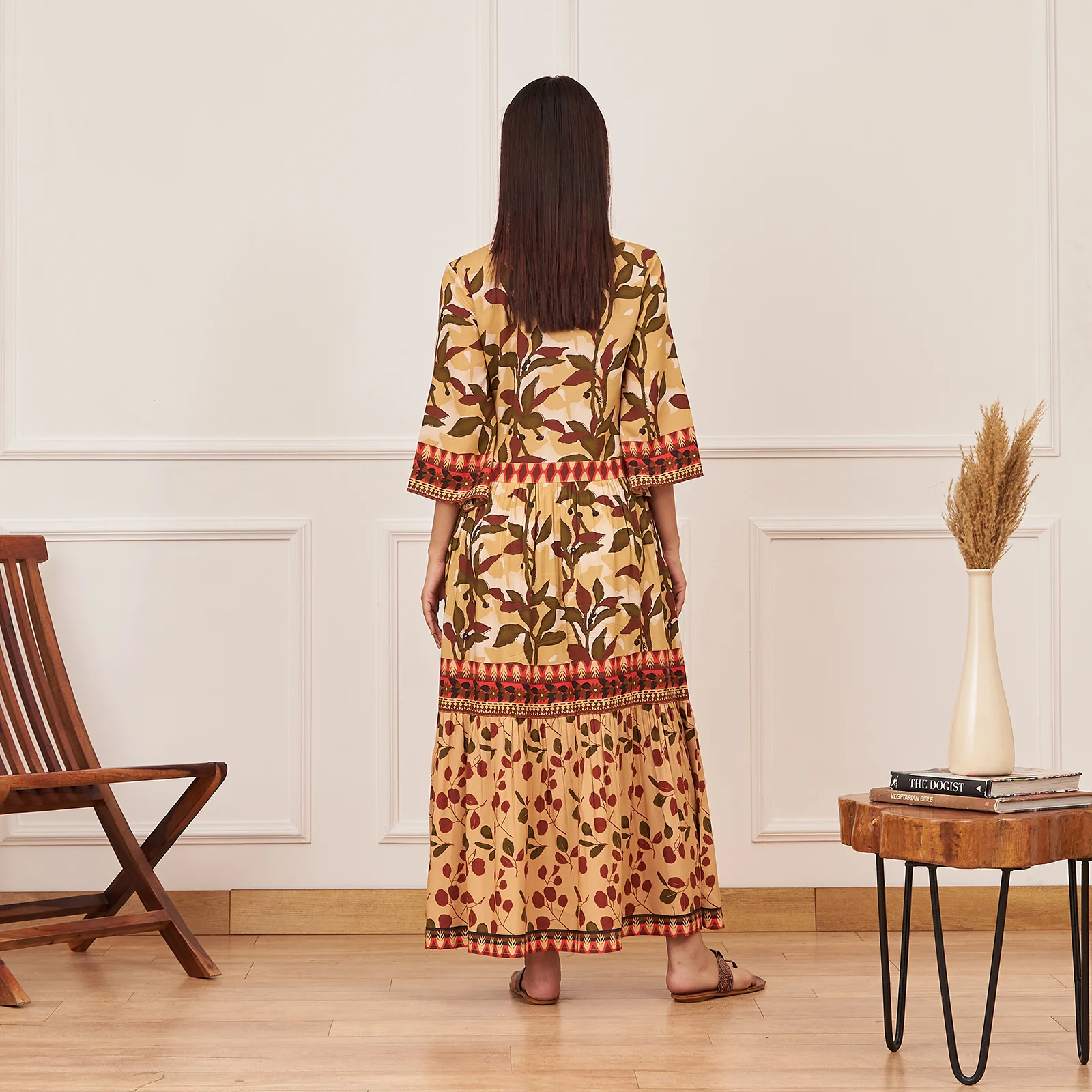 Yellow Leaf Print Tiered Dress - Image 6