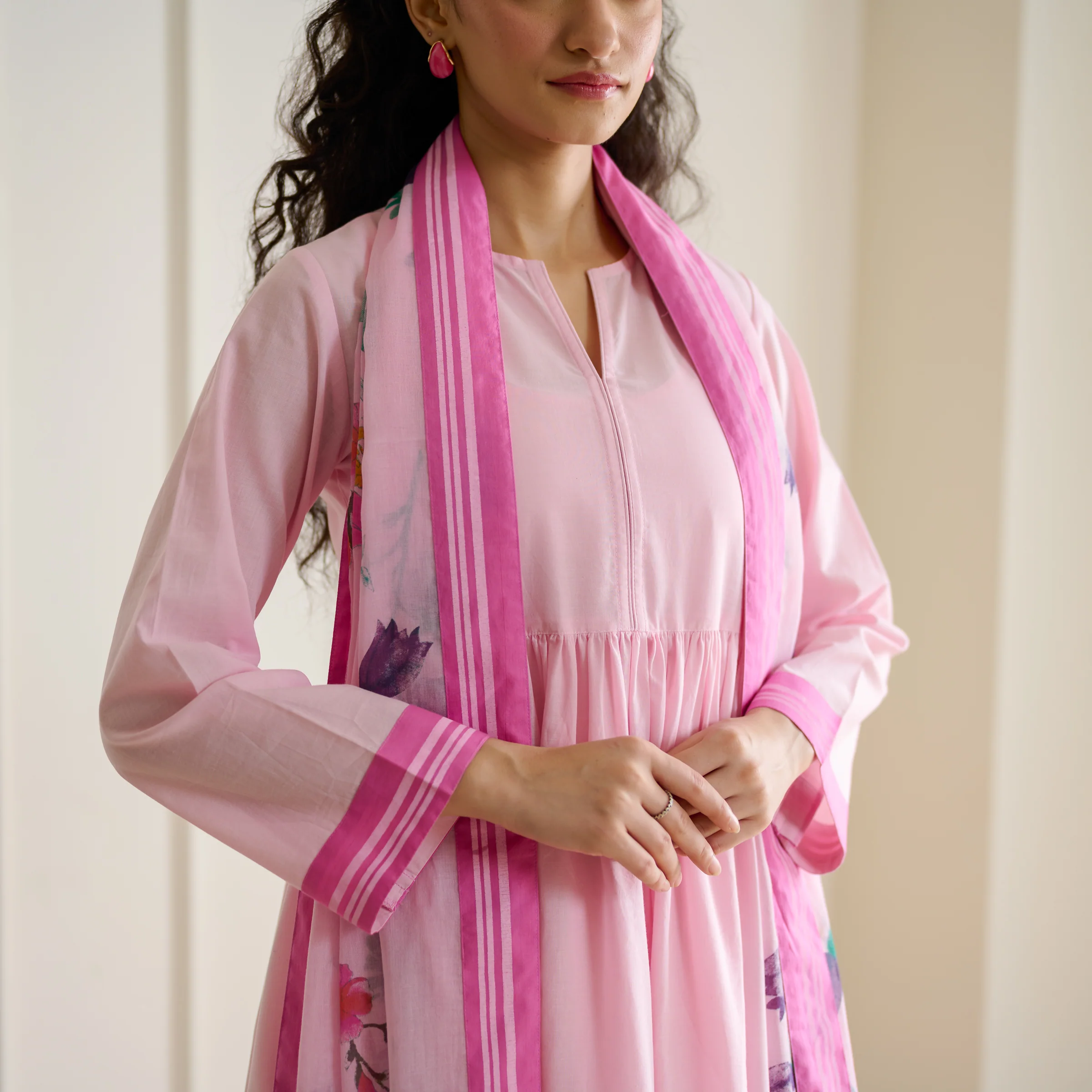 Zuhal Cotton Kurta Set with Mulmul Slip and Dupatta - Candy Pink - Image 3