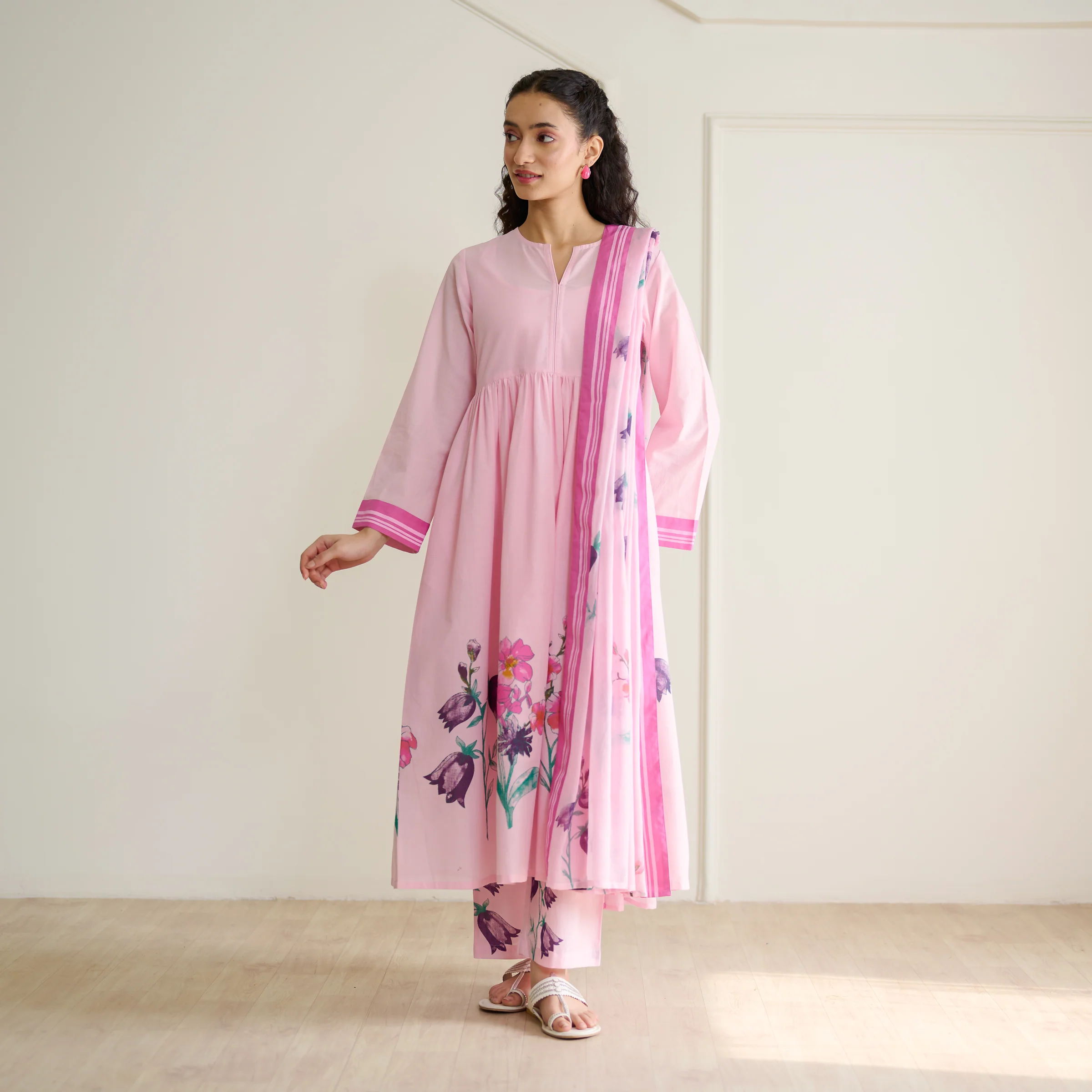 Zuhal Cotton Kurta Set with Mulmul Slip and Dupatta - Candy Pink - Image 4