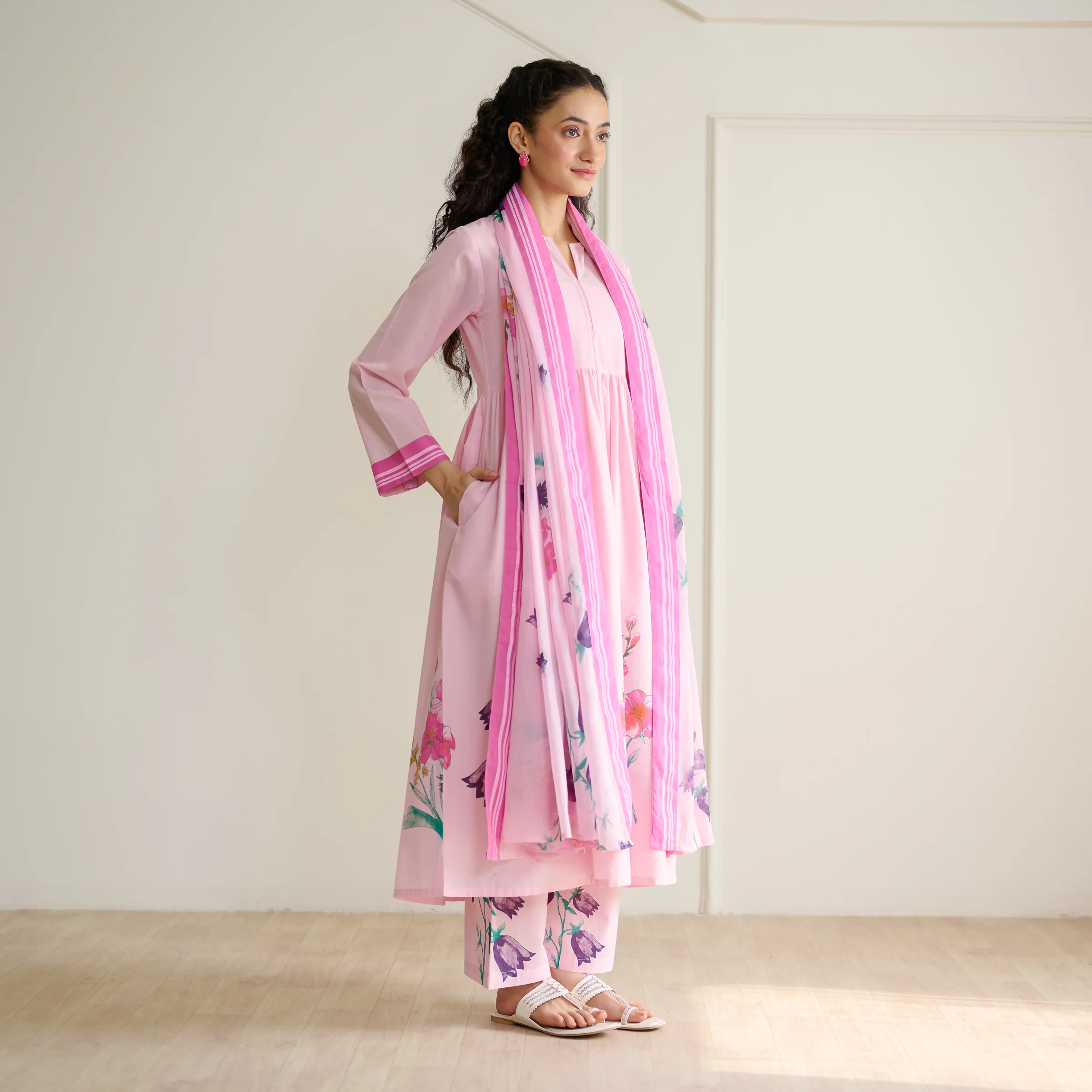 Zuhal Cotton Kurta Set with Mulmul Slip and Dupatta - Candy Pink - Image 8