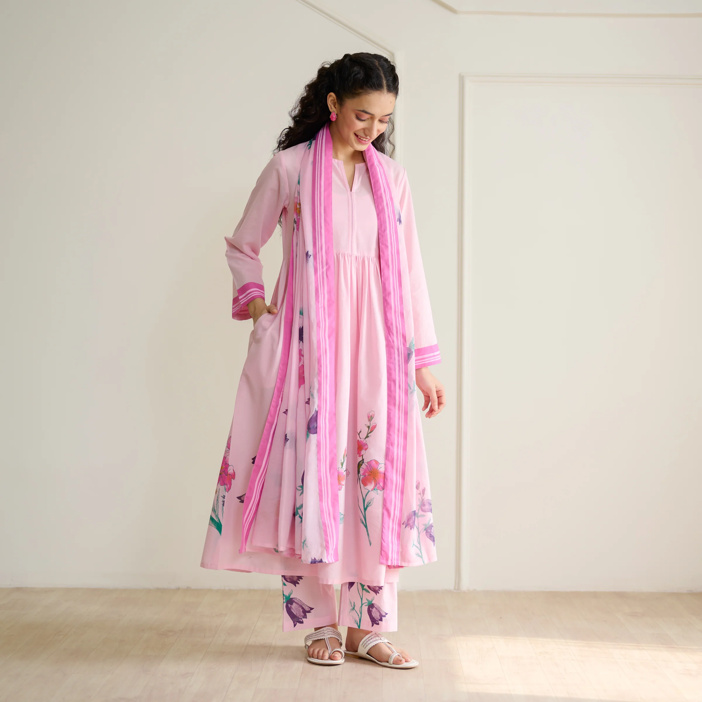 Zuhal Cotton Kurta Set with Mulmul Slip and Dupatta - Candy Pink - Image 9